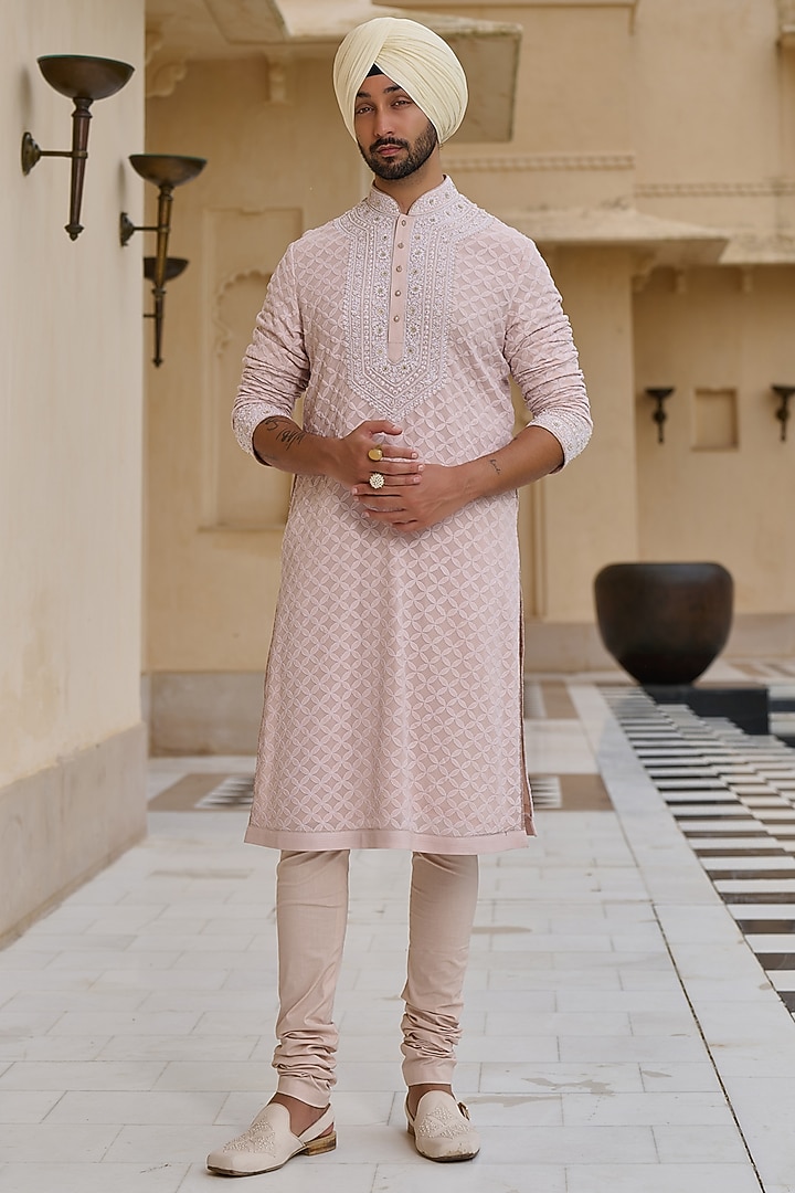 Salmon Pink Georgette Chikankari Embroidered Kurta Set by Tarun Tahiliani Men at Pernia's Pop Up Shop