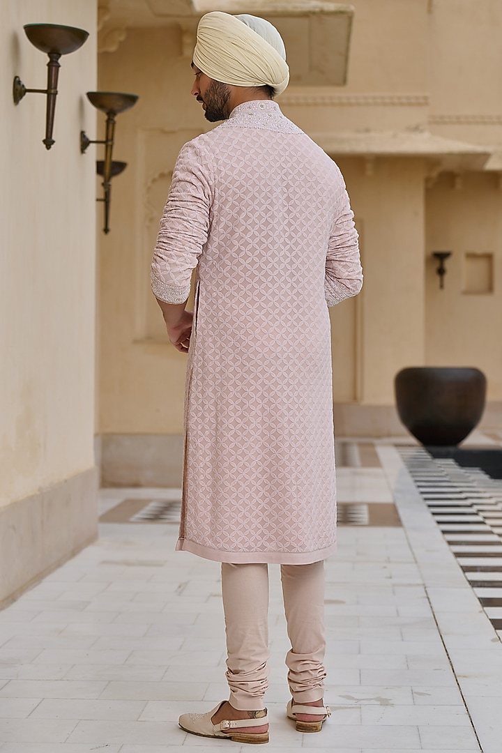 Salmon Pink Georgette Chikankari Embroidered Kurta Set by Tarun Tahiliani Men at Pernia's Pop Up Shop