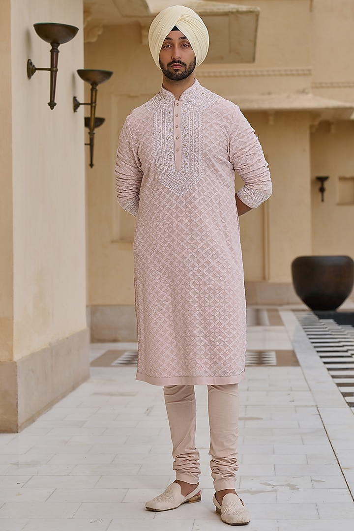 Salmon Pink Georgette Chikankari Embroidered Kurta Set by Tarun Tahiliani Men at Pernia's Pop Up Shop