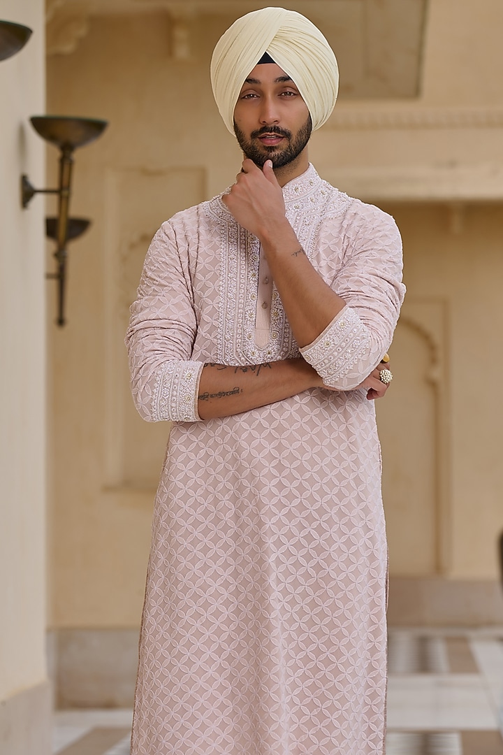Salmon Pink Georgette Chikankari Embroidered Kurta Set by Tarun Tahiliani Men at Pernia's Pop Up Shop