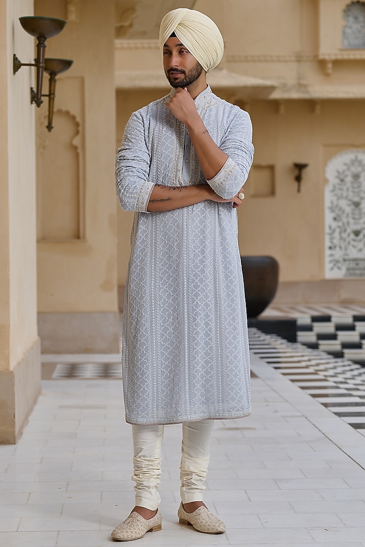 Powder Blue Georgette Chikankari Embroidered Kurta Set by Tarun Tahiliani Men at Pernia's Pop Up Shop