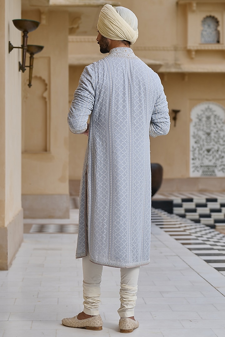 Powder Blue Georgette Chikankari Embroidered Kurta Set by Tarun Tahiliani Men at Pernia's Pop Up Shop