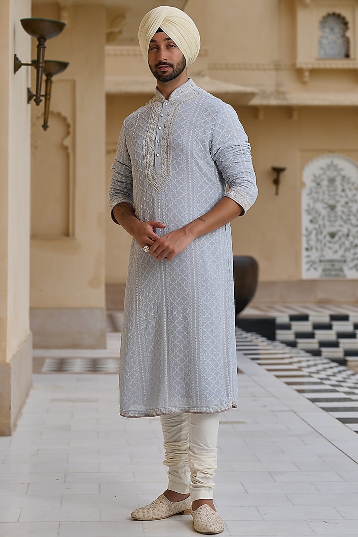 Powder Blue Georgette Chikankari Embroidered Kurta Set by Tarun Tahiliani Men at Pernia's Pop Up Shop