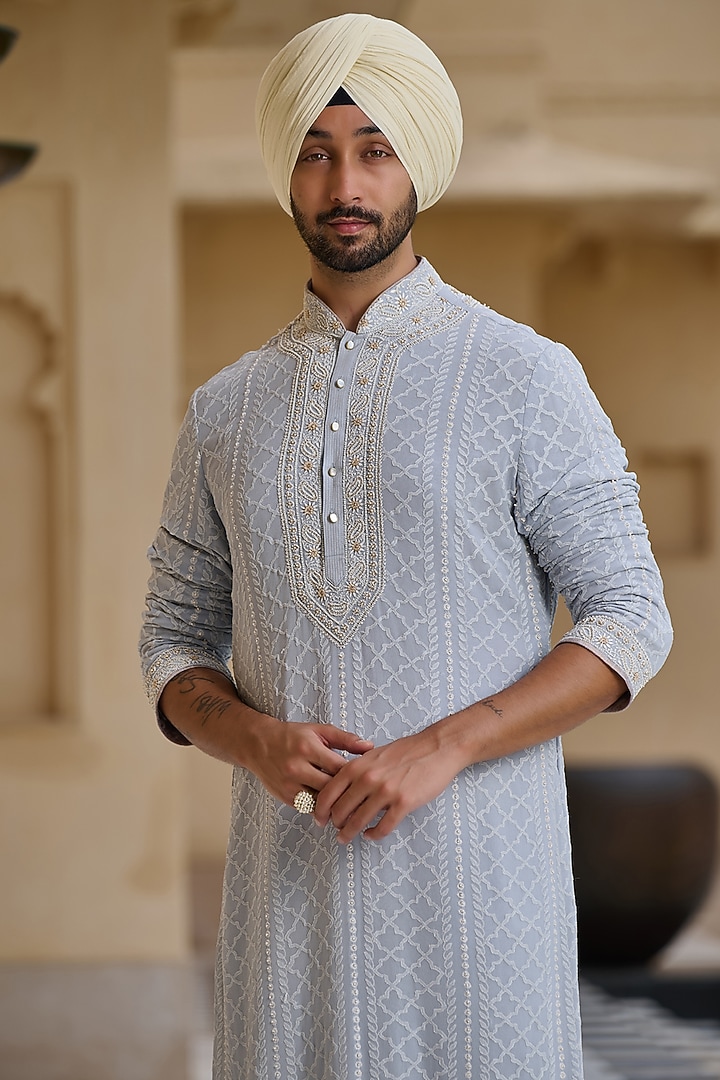Powder Blue Georgette Chikankari Embroidered Kurta Set by Tarun Tahiliani Men at Pernia's Pop Up Shop