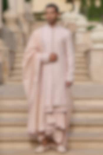 Salmon Pink Georgette Chikankari & Sequin Embroidered Groom Sherwani Set by Tarun Tahiliani Men at Pernia's Pop Up Shop