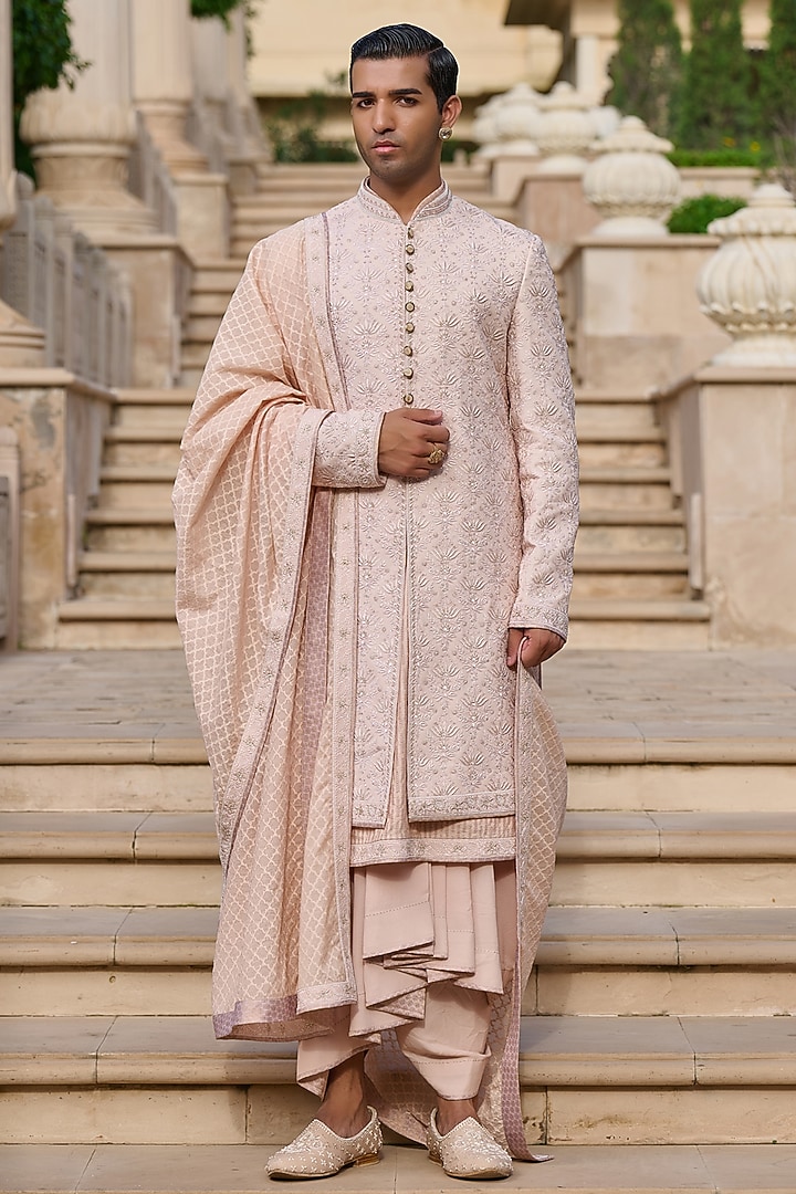 Salmon Pink Georgette Chikankari & Sequin Embroidered Groom Sherwani Set by Tarun Tahiliani Men at Pernia's Pop Up Shop
