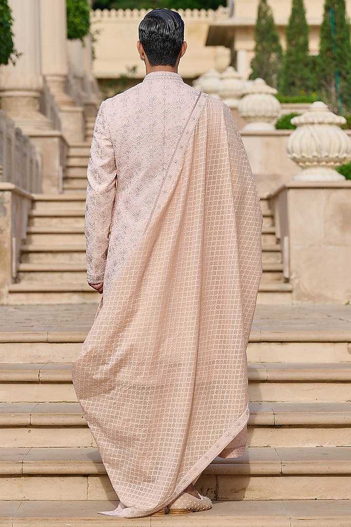 Salmon Pink Georgette Chikankari & Sequin Embroidered Groom Sherwani Set by Tarun Tahiliani Men at Pernia's Pop Up Shop