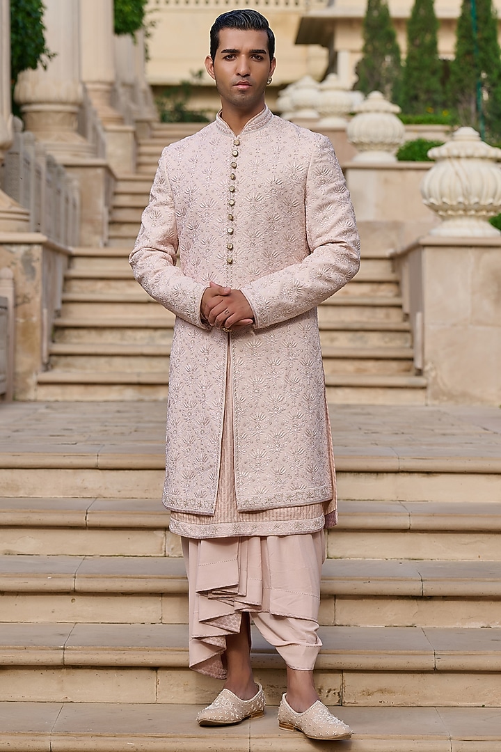 Salmon Pink Georgette Chikankari & Sequin Embroidered Groom Sherwani Set by Tarun Tahiliani Men at Pernia's Pop Up Shop