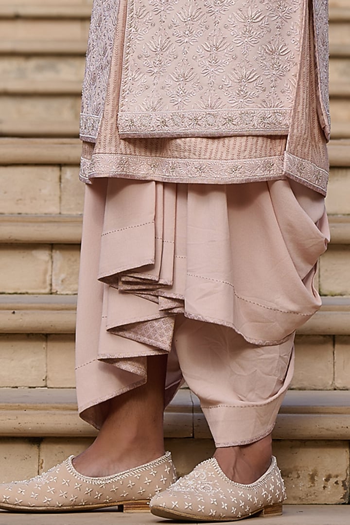 Salmon Pink Georgette Chikankari & Sequin Embroidered Groom Sherwani Set by Tarun Tahiliani Men at Pernia's Pop Up Shop
