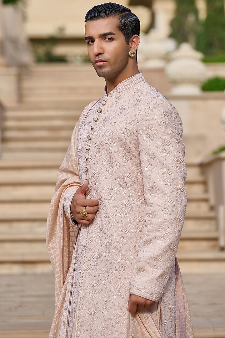 Salmon Pink Georgette Chikankari & Sequin Embroidered Groom Sherwani Set by Tarun Tahiliani Men at Pernia's Pop Up Shop