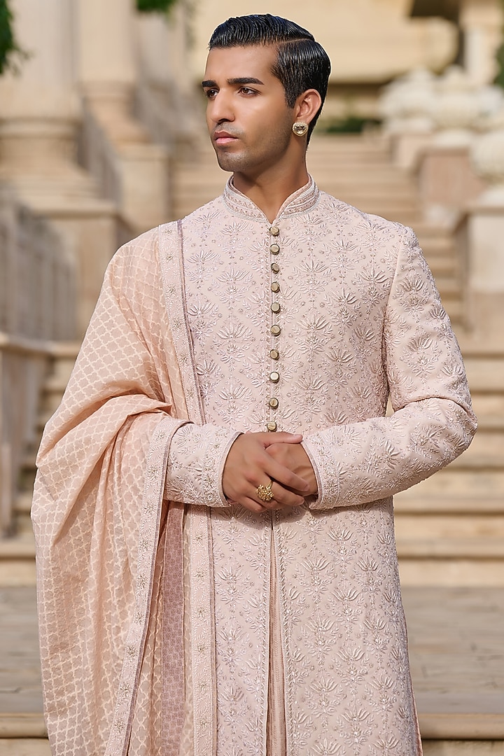 Salmon Pink Georgette Chikankari & Sequin Embroidered Groom Sherwani Set by Tarun Tahiliani Men at Pernia's Pop Up Shop