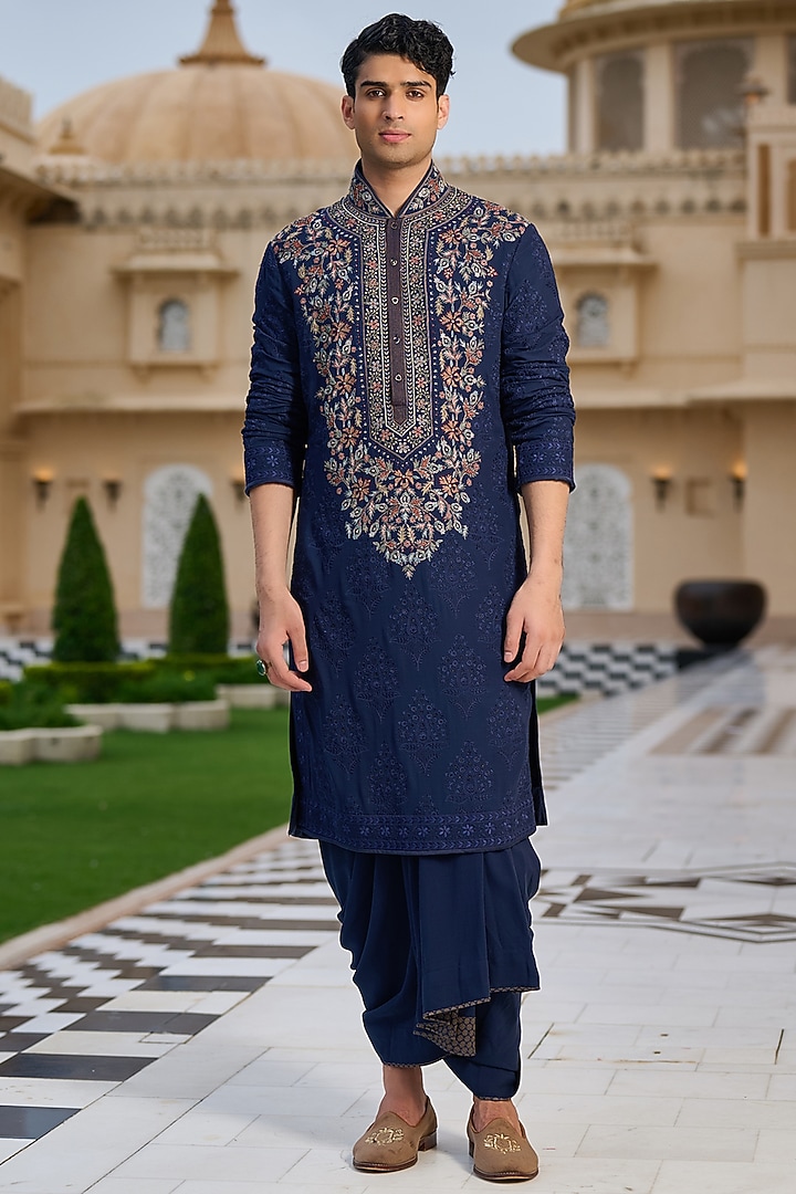 Navy Georgette Thread Embroidered Kurta Set by Tarun Tahiliani Men at Pernia's Pop Up Shop