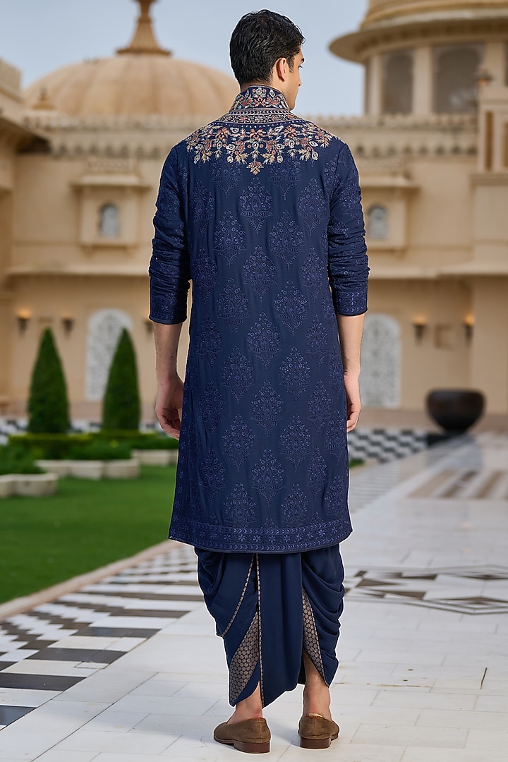 Navy Georgette Thread Embroidered Kurta Set by Tarun Tahiliani Men at Pernia's Pop Up Shop