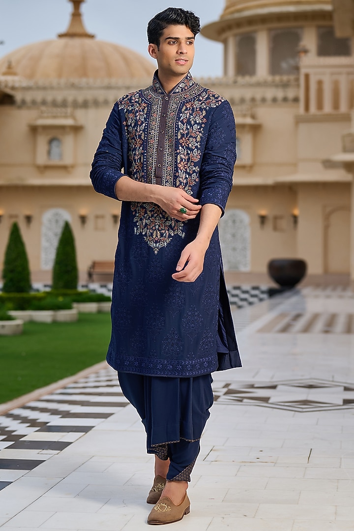 Navy Georgette Thread Embroidered Kurta Set by Tarun Tahiliani Men at Pernia's Pop Up Shop