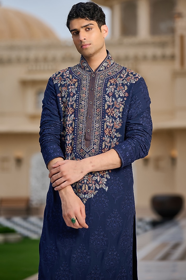 Navy Georgette Thread Embroidered Kurta Set by Tarun Tahiliani Men at Pernia's Pop Up Shop
