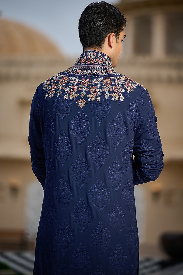 Navy Georgette Thread Embroidered Kurta Set by Tarun Tahiliani Men at Pernia's Pop Up Shop
