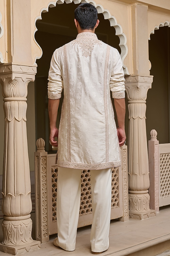 Ivory Cotton Jacquard Thread & Pearl Embroidered Textured Kurta Set by Tarun Tahiliani Men at Pernia's Pop Up Shop