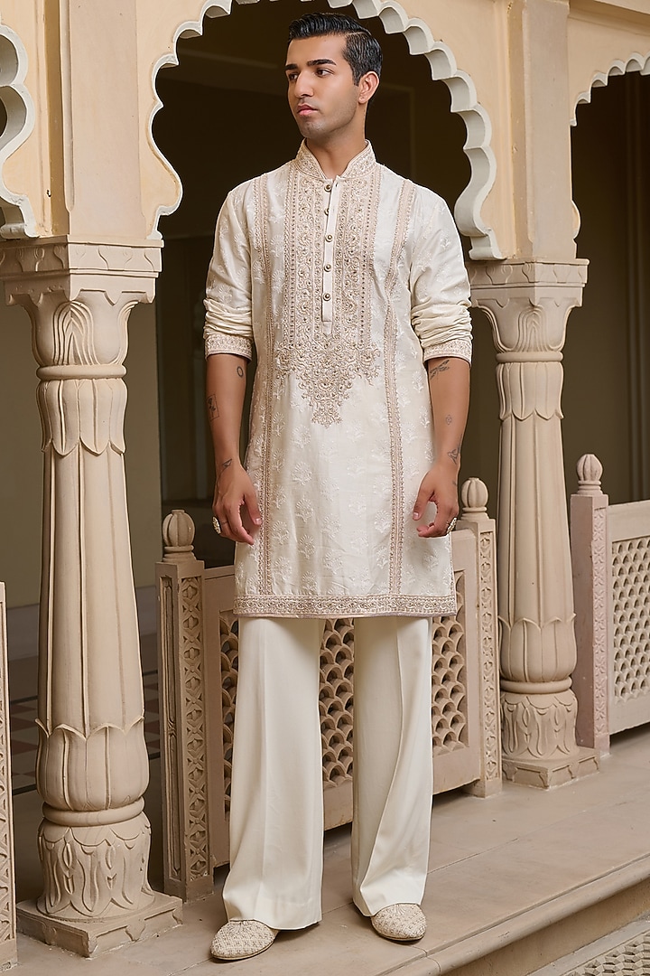 Ivory Cotton Jacquard Thread & Pearl Embroidered Textured Kurta Set by Tarun Tahiliani Men at Pernia's Pop Up Shop