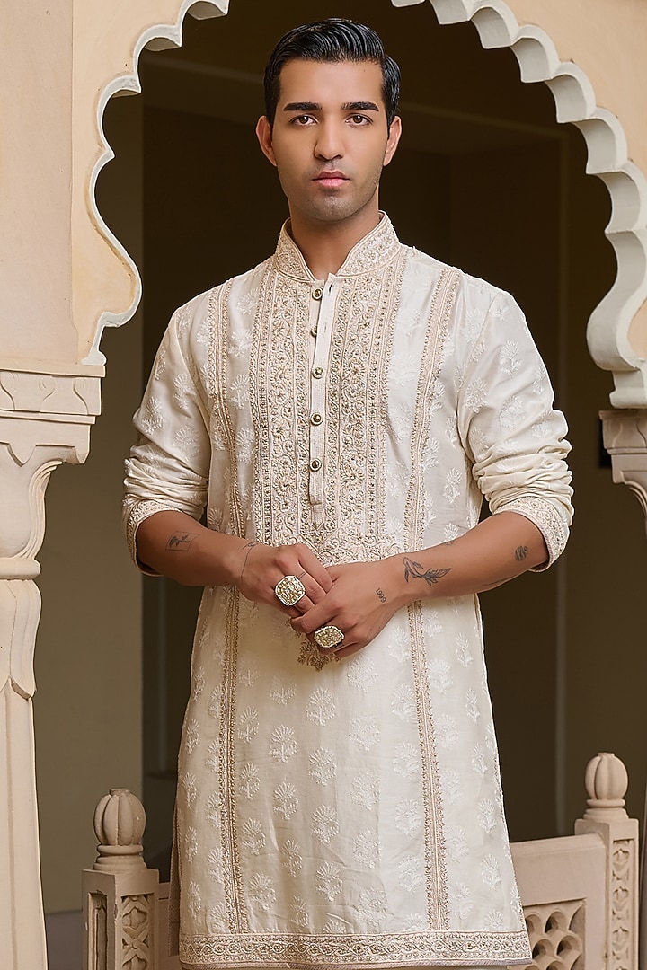 Ivory Cotton Jacquard Thread & Pearl Embroidered Textured Kurta Set by Tarun Tahiliani Men at Pernia's Pop Up Shop