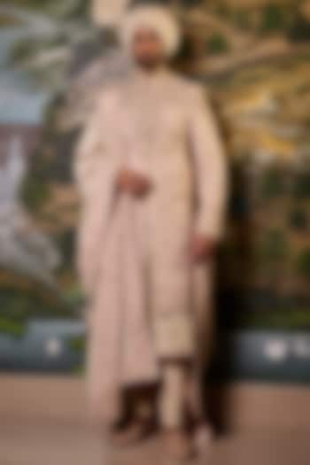 Salmon Pink Georgette Zari & Thread Embroidered Groom Sherwani Set by Tarun Tahiliani Men at Pernia's Pop Up Shop