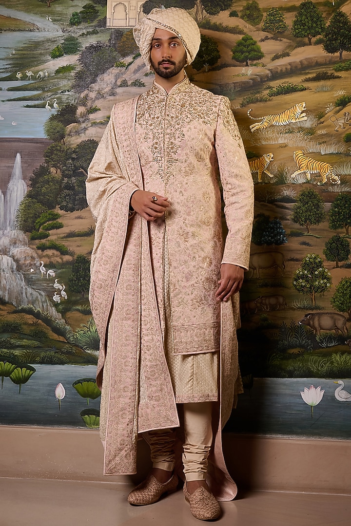 Salmon Pink Georgette Zari & Thread Embroidered Groom Sherwani Set by Tarun Tahiliani Men at Pernia's Pop Up Shop