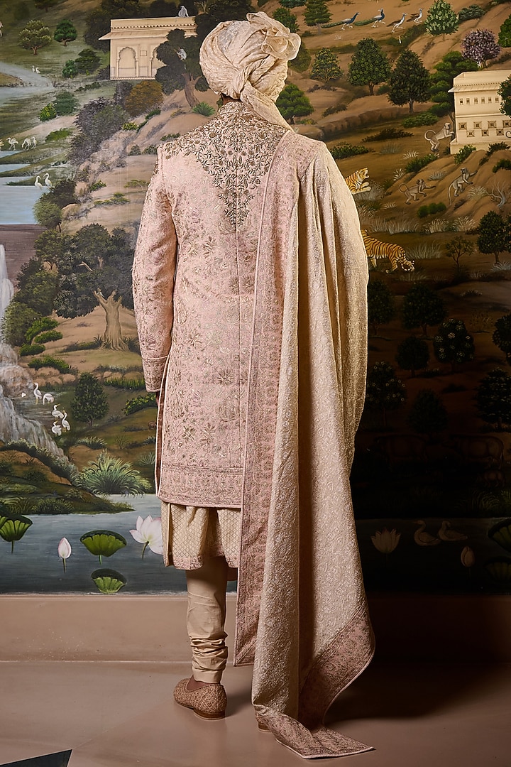 Salmon Pink Georgette Zari & Thread Embroidered Groom Sherwani Set by Tarun Tahiliani Men at Pernia's Pop Up Shop