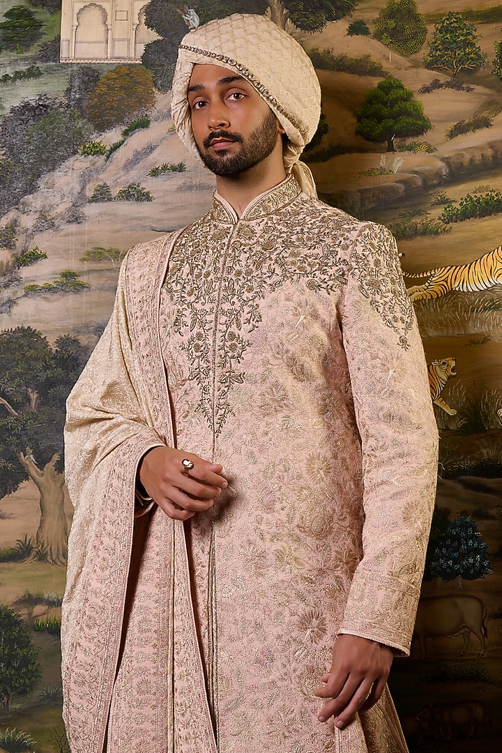 Salmon Pink Georgette Zari & Thread Embroidered Groom Sherwani Set by Tarun Tahiliani Men at Pernia's Pop Up Shop