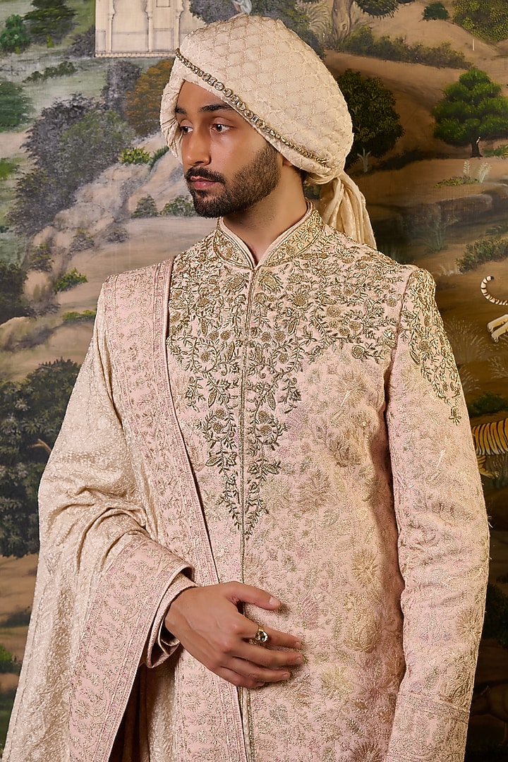 Salmon Pink Georgette Zari & Thread Embroidered Groom Sherwani Set by Tarun Tahiliani Men at Pernia's Pop Up Shop