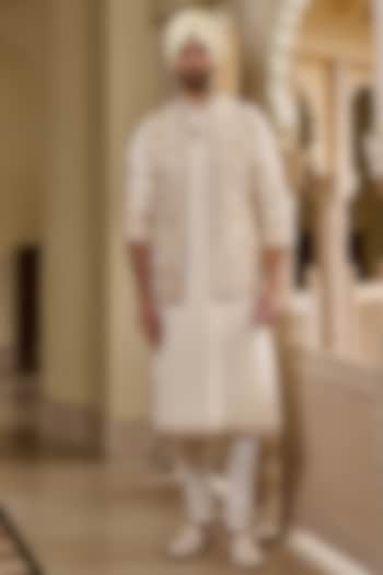Ivory Cotton Moss Thread & Pearl Embroidered Waistcoat Set by Tarun Tahiliani Men at Pernia's Pop Up Shop