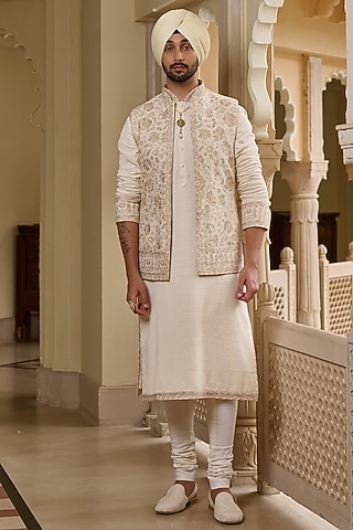 Ivory Cotton Moss Thread & Pearl Embroidered Waistcoat Set by Tarun Tahiliani Men