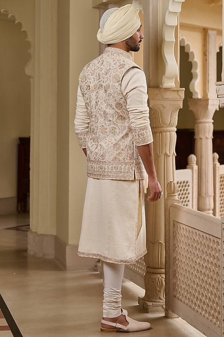 Ivory Cotton Moss Thread & Pearl Embroidered Waistcoat Set by Tarun Tahiliani Men at Pernia's Pop Up Shop