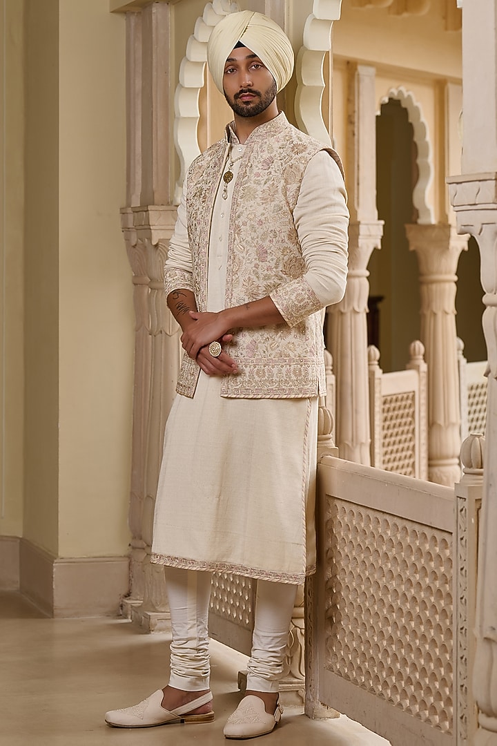 Ivory Cotton Moss Thread & Pearl Embroidered Waistcoat Set by Tarun Tahiliani Men at Pernia's Pop Up Shop