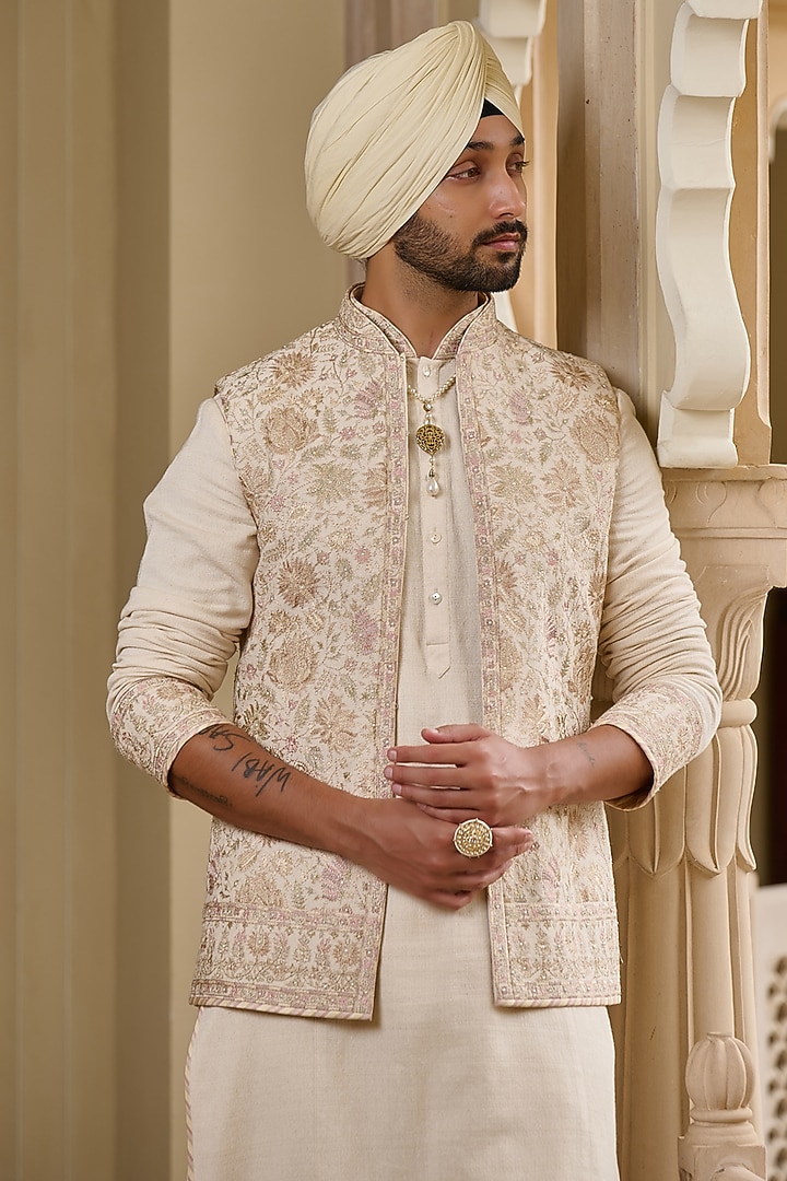 Ivory Cotton Moss Thread & Pearl Embroidered Waistcoat Set by Tarun Tahiliani Men at Pernia's Pop Up Shop