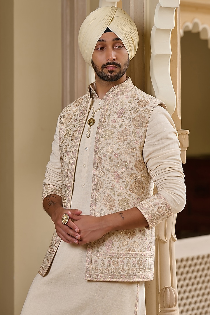 Ivory Cotton Moss Thread & Pearl Embroidered Waistcoat Set by Tarun Tahiliani Men at Pernia's Pop Up Shop