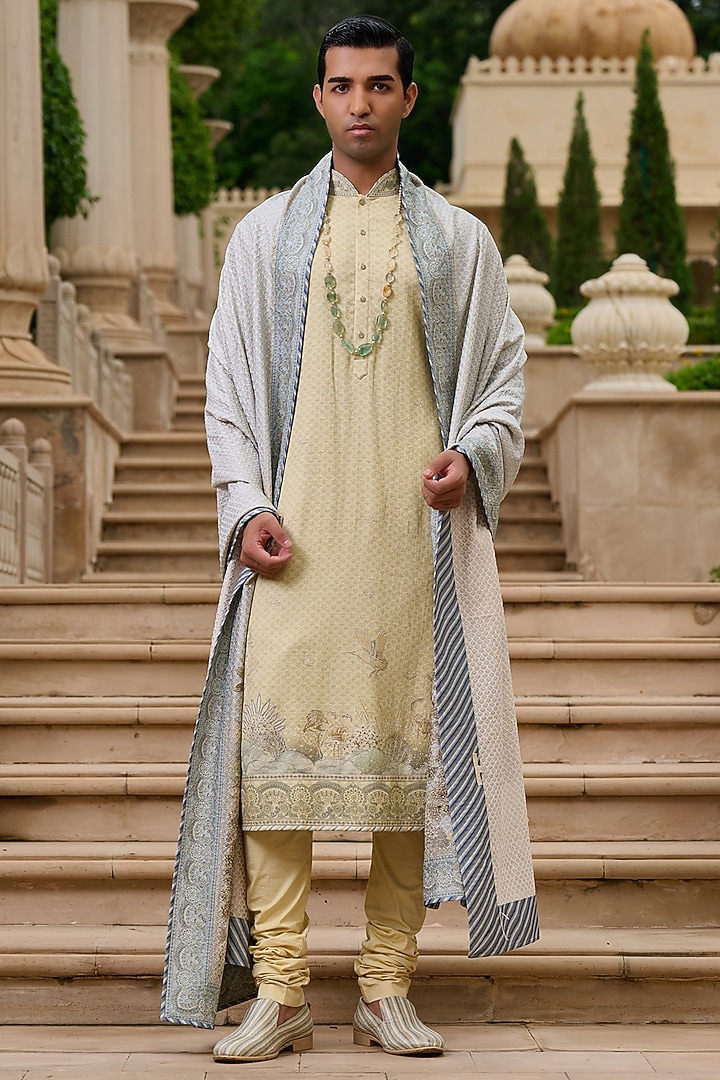 Beige Cotton Moss Printed Kurta Set by Tarun Tahiliani Men at Pernia's Pop Up Shop