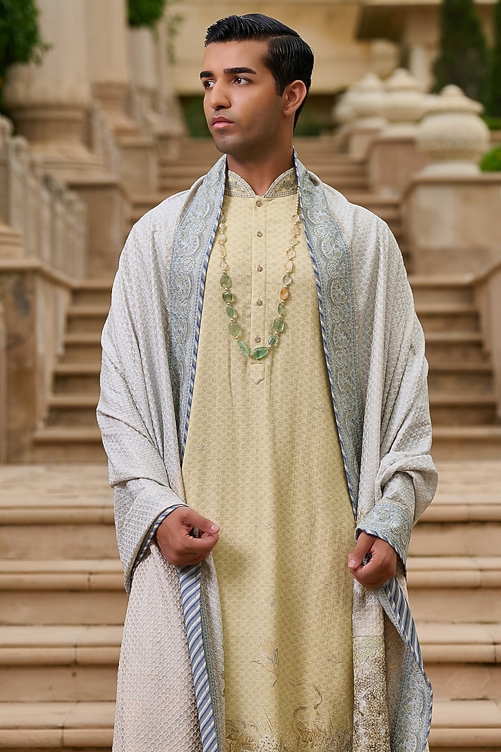 Beige Cotton Moss Printed Kurta Set by Tarun Tahiliani Men at Pernia's Pop Up Shop