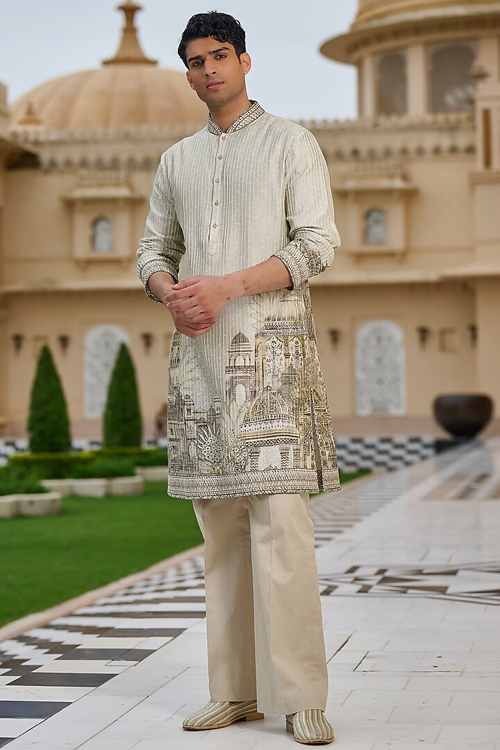 Jade Green Cotton Jacquard Printed Kurta Set by Tarun Tahiliani Men at Pernia's Pop Up Shop