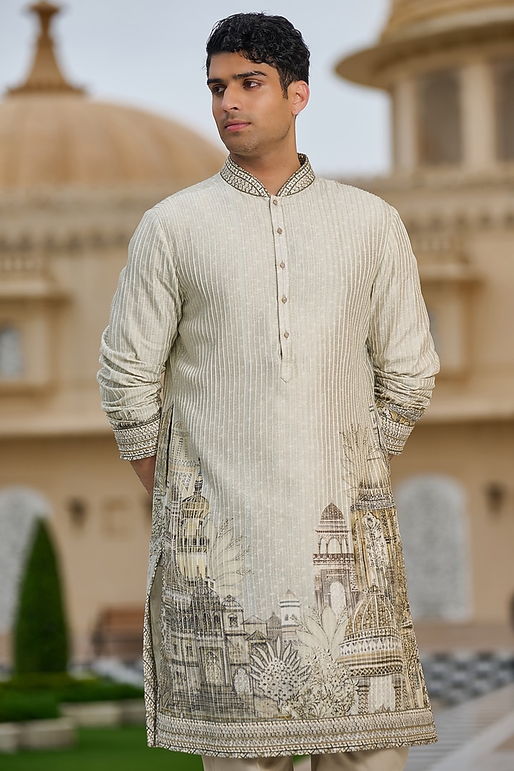 Jade Green Cotton Jacquard Printed Kurta Set by Tarun Tahiliani Men at Pernia's Pop Up Shop