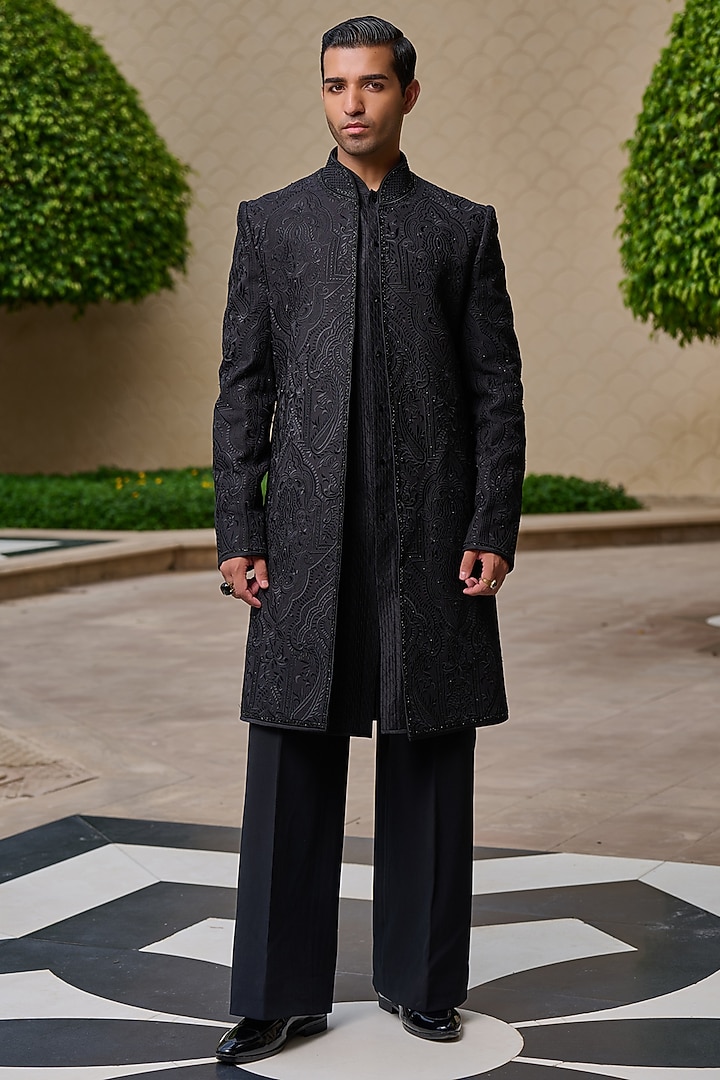 Black Georgette Thread & Diamond Embroidered Groom Sherwani Set by Tarun Tahiliani Men at Pernia's Pop Up Shop
