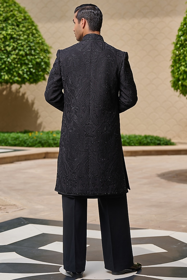 Black Georgette Thread & Diamond Embroidered Groom Sherwani Set by Tarun Tahiliani Men at Pernia's Pop Up Shop