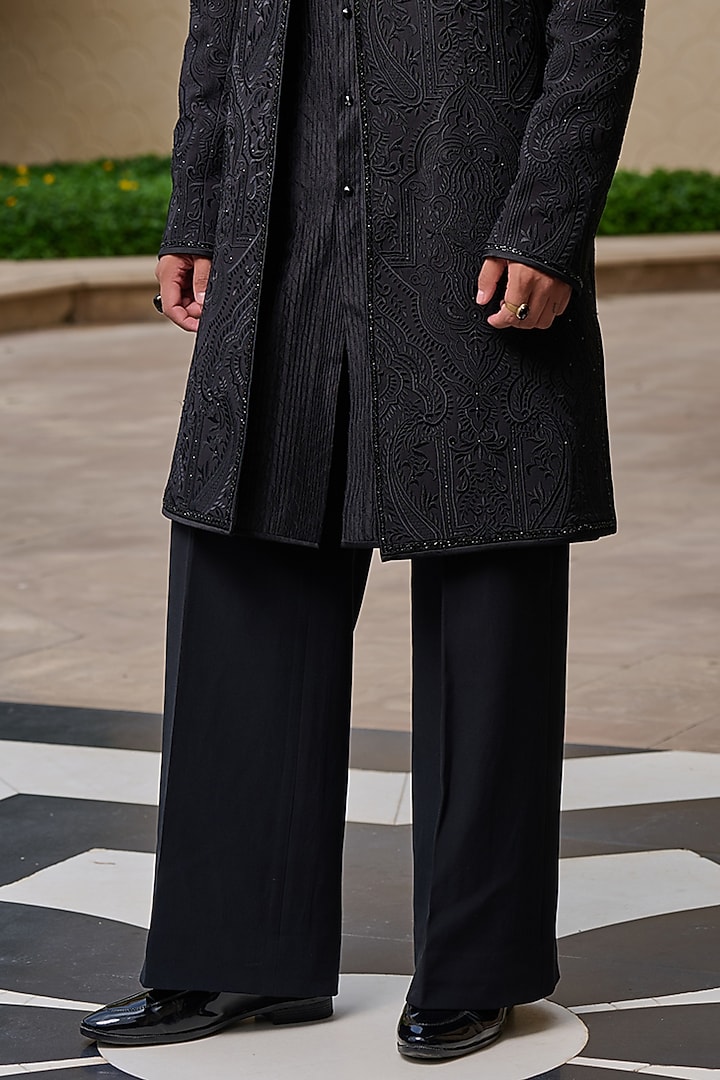 Black Georgette Thread & Diamond Embroidered Groom Sherwani Set by Tarun Tahiliani Men at Pernia's Pop Up Shop