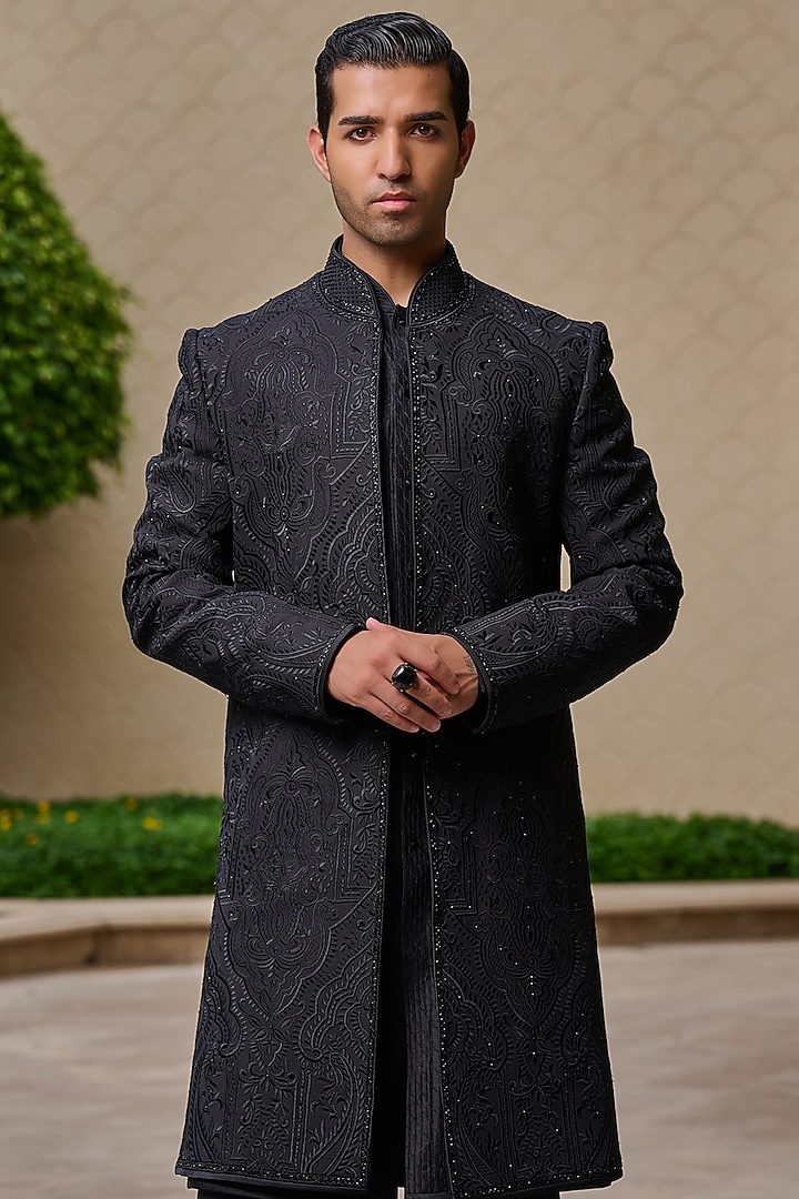 Black Georgette Thread & Diamond Embroidered Groom Sherwani Set by Tarun Tahiliani Men at Pernia's Pop Up Shop