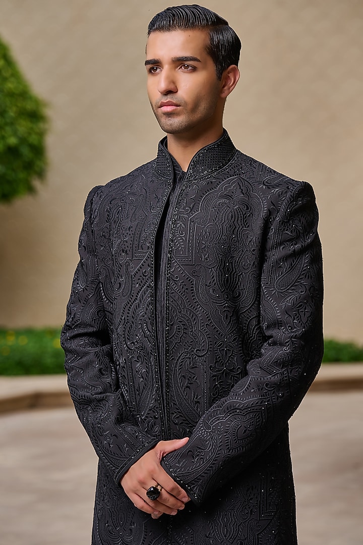 Black Georgette Thread & Diamond Embroidered Groom Sherwani Set by Tarun Tahiliani Men at Pernia's Pop Up Shop