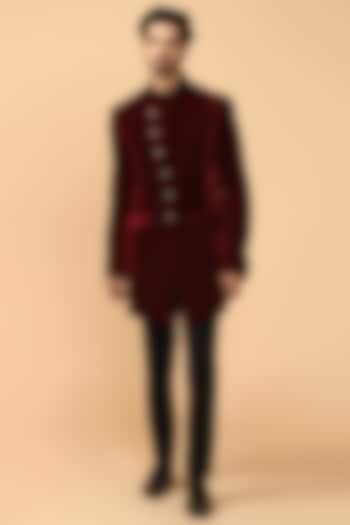 Maroon Poly Velvet Asymmetric Wedding Bandhgala Jacket Set by Tarun Tahiliani Men at Pernia's Pop Up Shop
