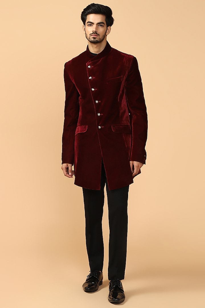 Maroon Poly Velvet Asymmetric Bandhgala Jacket Set by Tarun Tahiliani Men