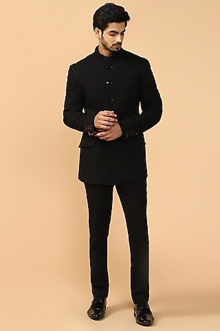 Black Bandhgala Jacket With Pants Kerchief by Tarun Tahiliani