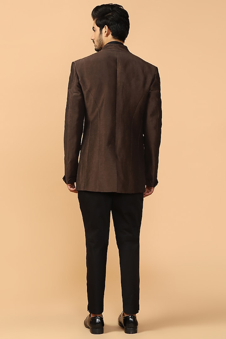Mahogany Brown Bandhgala Jacket With Black Pants Kerchief by
