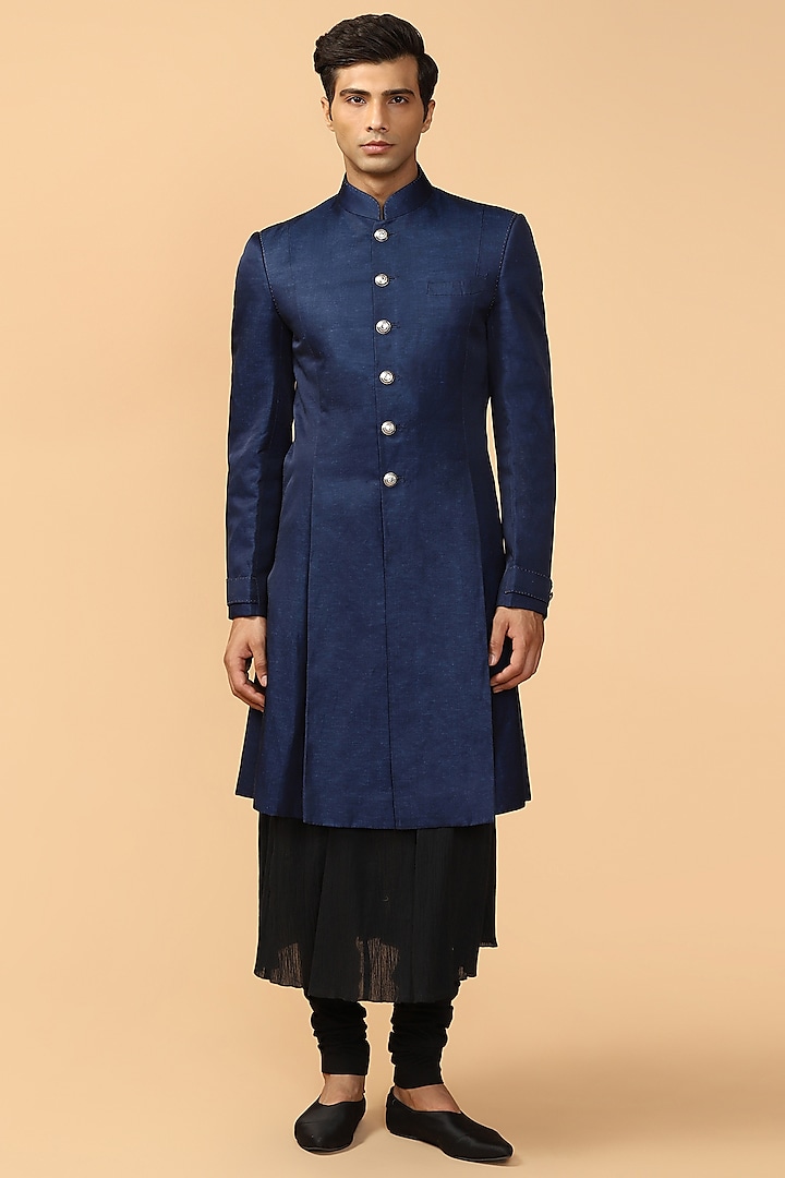 Sapphire Blue Pleated Sherwani With Kerchief by Tarun Tahiliani Men