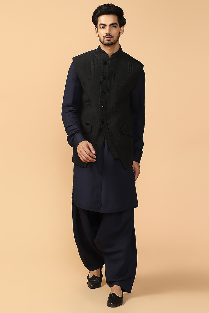 Black Quilted Bundi Jacket With Kerchief by Tarun Tahiliani Men