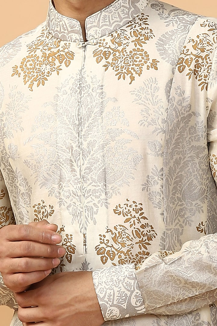 Grey Pleated & Printed Kurta Set by Tarun Tahiliani Men at Pernia's Pop Up Shop